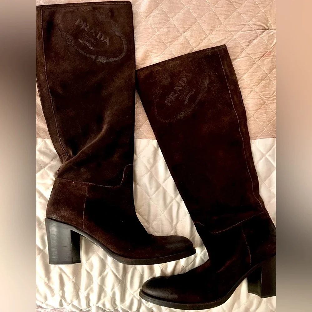 PRADA Milano brown suede, distressed, stamped boots - Picture 1 of 6